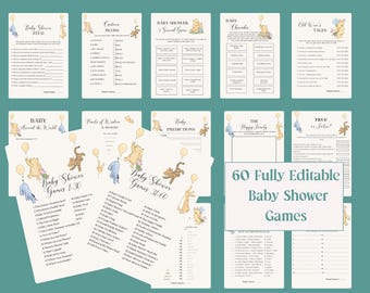May include: A collection of printable baby shower games. The games feature illustrations of Winnie the Pooh and friends, with titles like "Baby Shower Feud" and "Baby Around the World." The text "60 Fully Editable Baby Shower Games" is also visible.