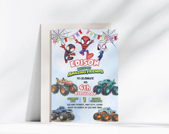 モンスタートラックの誕生日パーティー、スパイダーマンの招待状（デジタルダウンロード）