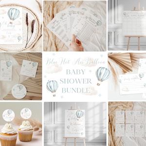 May include: A collection of baby shower decorations and stationery featuring a blue hot air balloon theme. Includes invitations, games, cupcake toppers, a welcome sign, and a baby shower calendar. The overall color scheme is soft blue and beige.