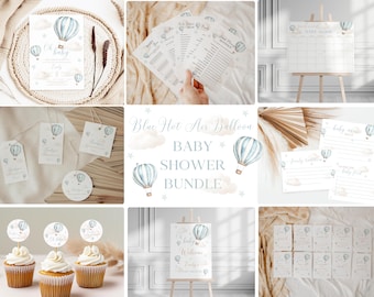 Blue Hot Air Balloon Baby Shower Bundle: Editable Canva Templates (Digital Download