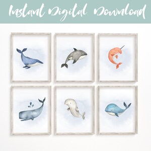 Whale Nursery Art Prints: Watercolor Sea Life (Digital Download)