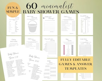 Minimalist baby shower games bundle, baby family feud, would mommy rather, guess who said it, true or false, baby word scramble