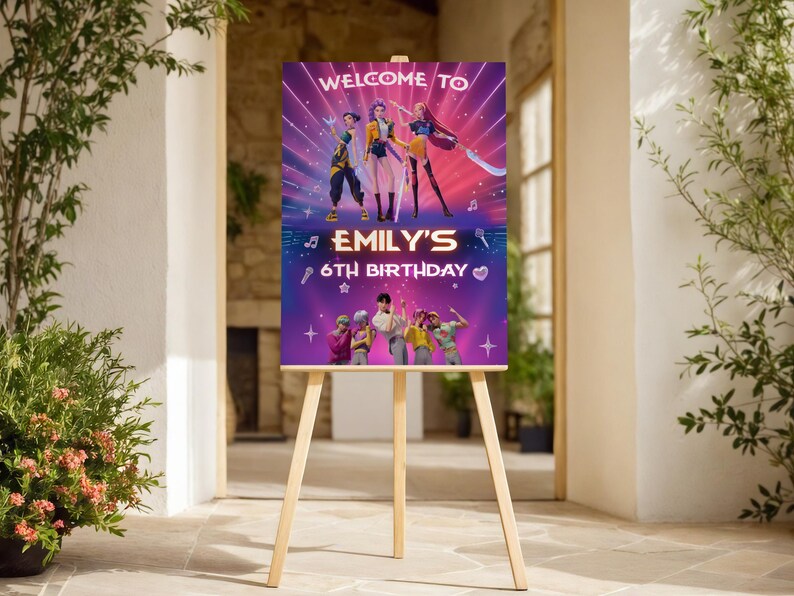 May include: A wooden easel displays a vibrant birthday sign. The sign reads "WELCOME TO EMILY'S 6TH BIRTHDAY" with colorful graphics of animated characters. The background is a gradient of purple and blue with star accents.