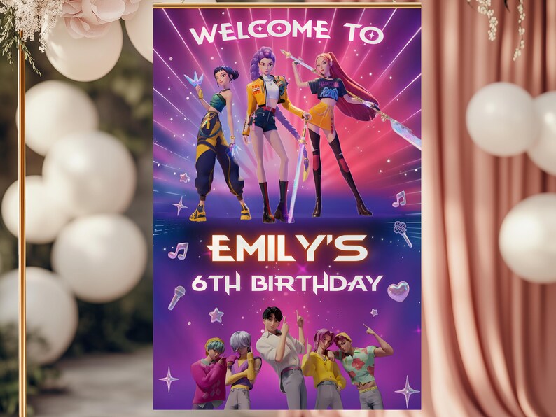 May include: A purple birthday banner with the text "Welcome to Emily's 6th Birthday." The banner features animated figures and musical notes. The background has a purple and pink color scheme.