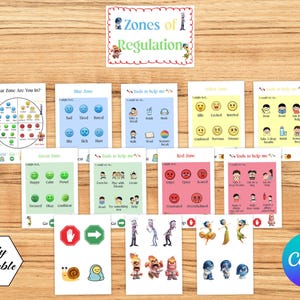 May include: A collection of educational printable cards titled Zones of Regulation, featuring color-coded charts for blue, green, yellow, and red zones. The set includes emotion icons, coping tools, and character illustrations, with a hexagon label stating Fully Editable.