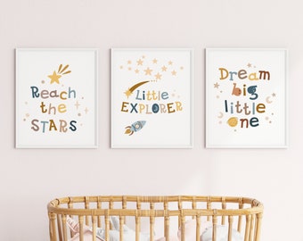 Space Nursery Prints Set, Watercolor Rocket Planets Stars, Boys Room Wall Art Printable Digital