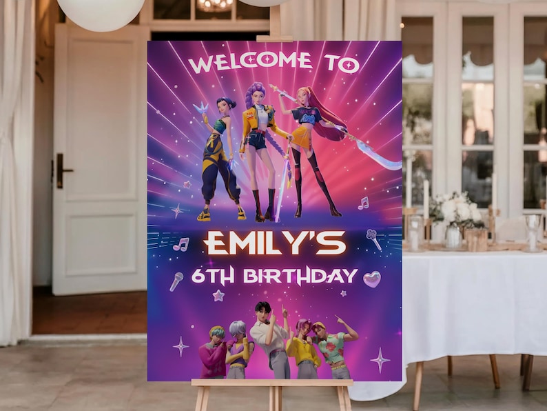 May include: A purple and pink birthday party sign with the text "Welcome to" and "Emily's 6th Birthday". The sign features illustrations of three animated characters and a group of people at the bottom.