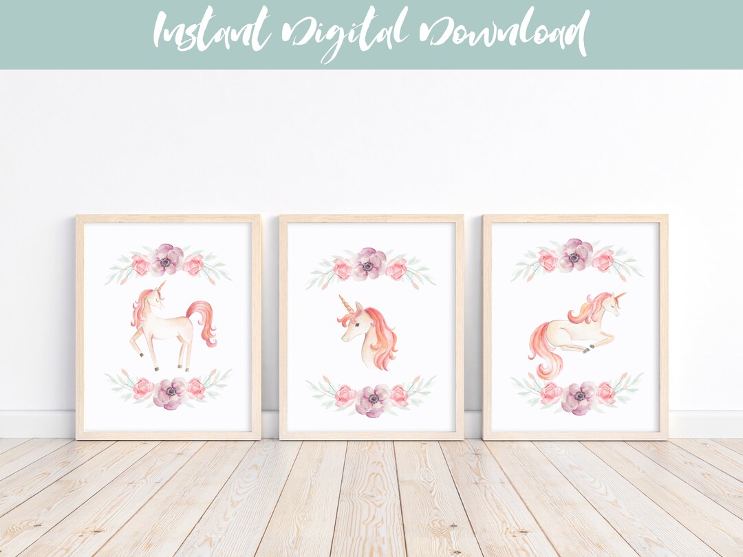 Set of 3 Unicorn Prints, Unicorn Print, Unicorns With Pink Flowers ...