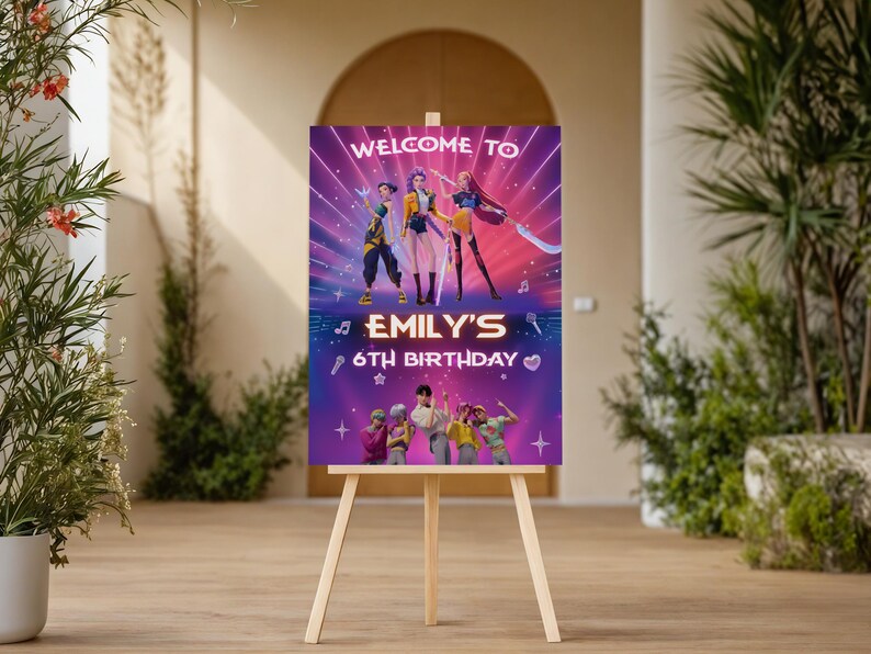May include: A wooden easel displays a vibrant birthday party sign. The sign reads "WELCOME TO" above a group of animated characters, with "EMILY'S 6TH BIRTHDAY" in bold letters. The background is a gradient of purple and pink.
