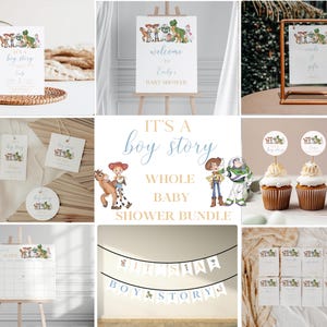 Könnte beinhalten: Eine Sammlung von Babyparty-Dekorationen zum Thema "Toy Story". Enthält Einladungen, ein Willkommensschild, Cupcake-Topper, Geschenkanhänger und ein Banner. Das Farbschema ist hauptsächlich blau, beige und weiß, mit Illustrationen von Charakteren aus dem Film.