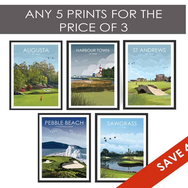 Golf Prints Any 5 for 3 St Andrews Augusta Carnoustie Pebble Beach Sawgrass Golf Pictures Poster Wall Art Gift Golf Course Prints Sport Gift