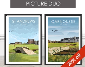 St Andrews 18th Old Course AND Carnoustie Scotland British Open Golf Travel Print Gift for Golfer Mum Dad Son Poster Wall Art Sport Present