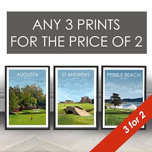 3 por 2 - Oferta para ahorrar dinero - Impresiones de golf - Pósteres de viaje - Regalos de golf - Arte mural de golf - St Andrews - Augusta National - Pebble Beach
