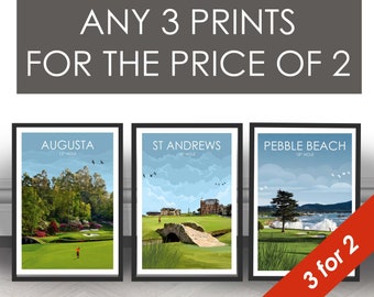 Impressions de golf Au choix 3 pour 2 St Andrews Augusta Carnoustie Pebble Beach Sawgrass Photos de golf Affiche de golf Art mural cadeau Impressions de golf