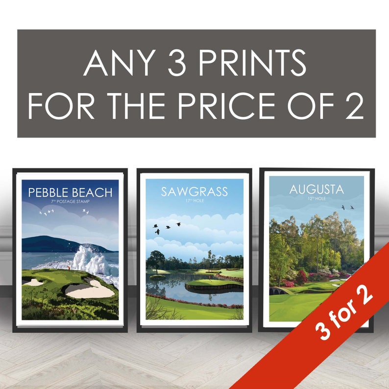 Impresiones de golf Cualquier 3 para 2 St Andrews Augusta Carnoustie Pebble Beach Sawgrass Golf Imágenes Cartel de golf Arte de pared Regalo Impresiones de golf imagen 2