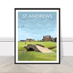 St Andrews, hoyo 18, Old Course, Escocia, Abierto Británico de Golf, impresiones, póster, imagen, arte de pared, regalo, campo de golf, Swilcan Bridge, deporte