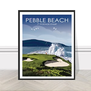 Sello postal del séptimo hoyo del campo Pebble Beach, EE. UU., California, Abierto de EE. UU., impresión de golf, regalo de viaje, póster de golf, arte de golf, regalo para papá, imagen de golf