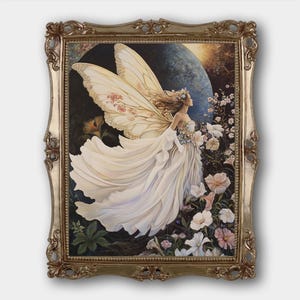 フェアリームーン デジタルダウンロードプリント オリジナルファンタジーフローラルフェアリーファインアート絵画プリント フェアリーコア ベッドルーム 女の子装飾 ヴィンテージ油絵