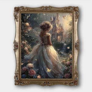 妖精のプリンセス城デジタルダウンロードプリントアートワークエアリアル気まぐれアートプリントフェアリーコア印刷可能な絵画女の子の寝室おとぎ話アート
