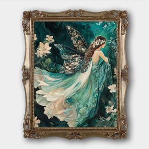 ブルーフェアリーデジタルダウンロードプリントオリジナルファンタジーフローラルフェアリーファインアート絵画プリントフェアリーコアベッドルームガールズデコレーションヴィンテージ油絵
