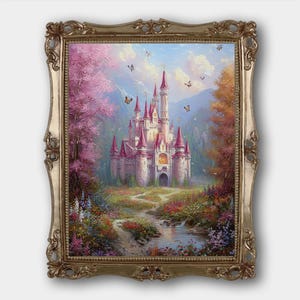 Pink Fairy Castle Digital Download Print Original Whimsical Princess Floral Painting Print Fairy Tale Bedroom Girls Decor Fantasy Print