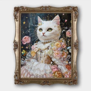 Whimsical Cat Digital Download Print Original Floral Fairycore Fine Art Painting Print Girls Bedroom Decor Vintage Oil Painting Print