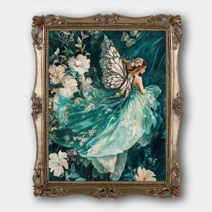 ブルーフェアリーデジタルダウンロードプリントオリジナルファンタジーフローラルフェアリーファインアート絵画プリントフェアリーコアベッドルームガールズデコレーションヴィンテージ油絵