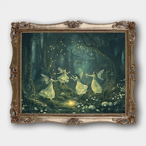 フェアリーダンス デジタルダウンロードプリント オリジナルコテージコアファンタジーファインアート絵画プリント フェアリーコアベッドルーム装飾ヴィンテージ油絵プリント