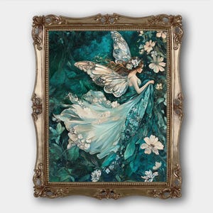 ブルーフェアリーデジタルダウンロードプリントオリジナルファンタジーフローラルフェアリーファインアート絵画プリントフェアリーコアベッドルームガールズデコレーションヴィンテージ油絵