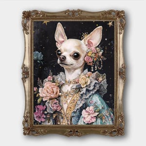 Skurril niedlicher Chihuahua Digital Download Druck Original Blumen Hund Fine Art Malerei Druck Mädchen-Schlafzimmer Dekor Vintage-Ölgemälde Druck