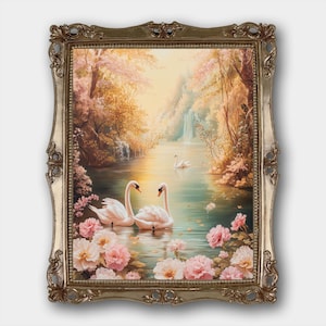 Swans Cottagecore Digital Download Print Original Whimsical Animal Nature Fine Art Painting Print Fairycore Bedroom Girls Decor Flower Print
