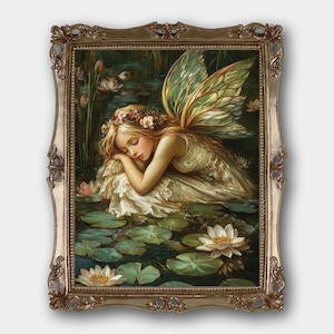 グリーンフェアリーデジタルダウンロードプリントオリジナルファンタジーフローラルフェアリーファインアート絵画プリントフェアリーコア寝室女の子装飾ヴィンテージ油絵
