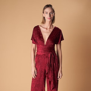 Kombinezon Velvet Limited Edition, Burgundowo-czarny aksamitny Palatazzo, Kombinezon Velvet, Kombinezon jesień/zima, Czarny mono, Burgundowy mono.