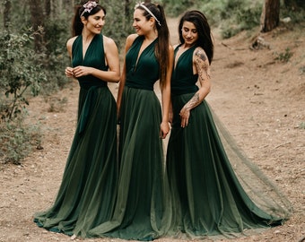 Long Green Evening Dress with Khaki Tulle Overskirt, Long Green Infinity Dress, Infinity Bridesmaid Dress, Removable Khaki Tulle Overskirt.