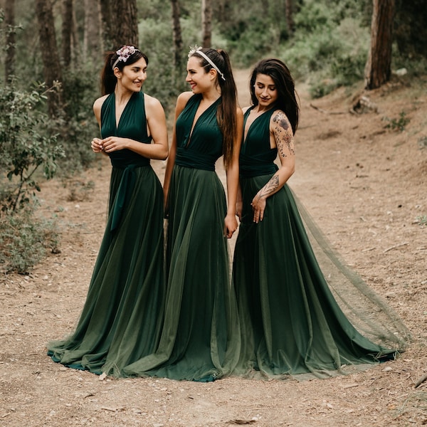 Long Green Evening Dress with Khaki Tulle Overskirt, Long Green Infinity Dress, Infinity Bridesmaid Dress, Removable Khaki Tulle Overskirt.