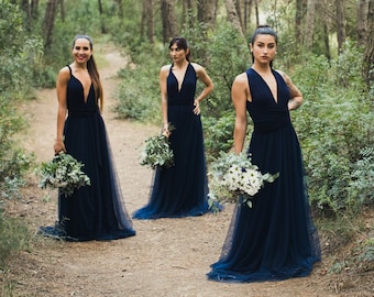 Long Navy Evening Dress with Navy Tulle Overskirt, Long Navy Infinity Dress, Navy Infinity Bridesmaid Dress, Removable Navy Tulle Overskirt.