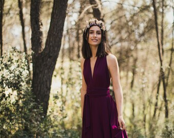 Aubergine Dress, Marsala Short Dress, Convertible Wrap Dress, Bridesmaid Short Dress, Purple Wine Wrap Dress, Marsala Wedding Guest Dress.