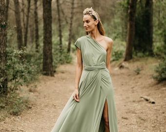 Robe de demoiselle d’honneur olive légère, robe à fente vert olive clair, robe de demoiselle d’honneur sexy vert mousse, robe longue verte, robe verte infinity.