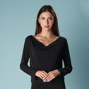 Long Sleeve Draped Top: Boat Neckline, Versatile Fabric