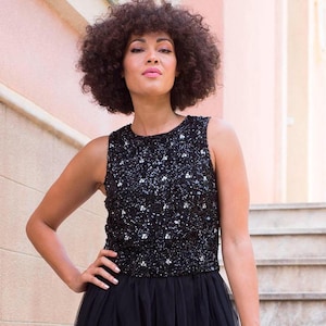 Sequins Chic Black Top, Casual Elegance, Stunning embroidered Top, Sequins Top , Party Top, Versatile Sequins Skirt Top, Elegant Sequins Top