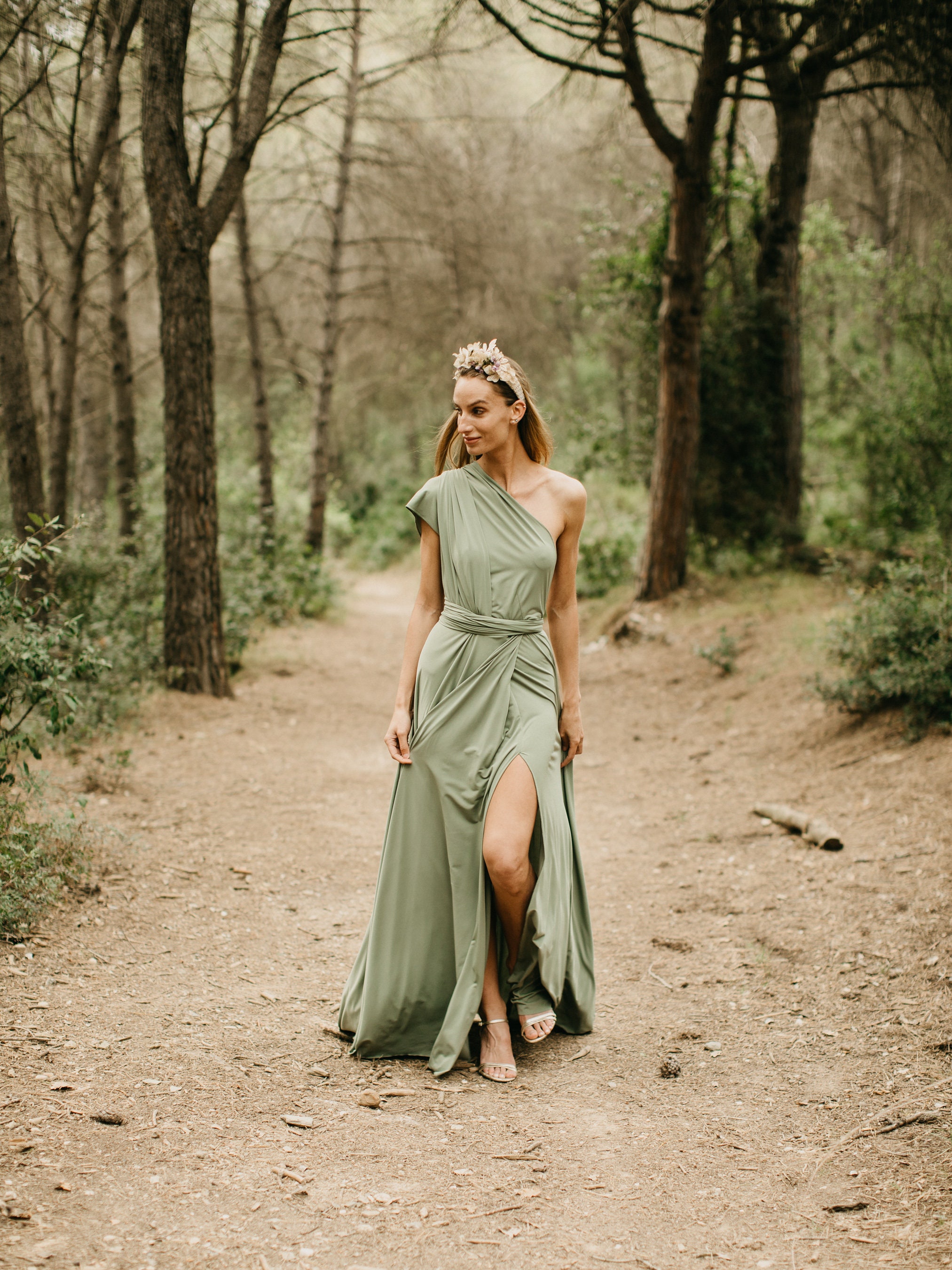 Light Olive Bridesmaid Dress, Light Olive Green Slit Dress, Moss