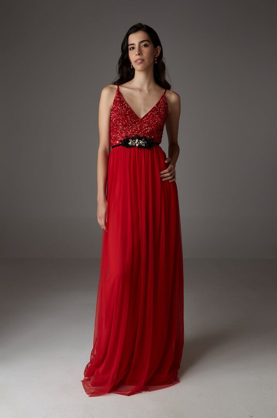 knee length dresses for ladies Sparkly Prom Dresses Red Sequins Sheath Silhouette AW211209 main image 0