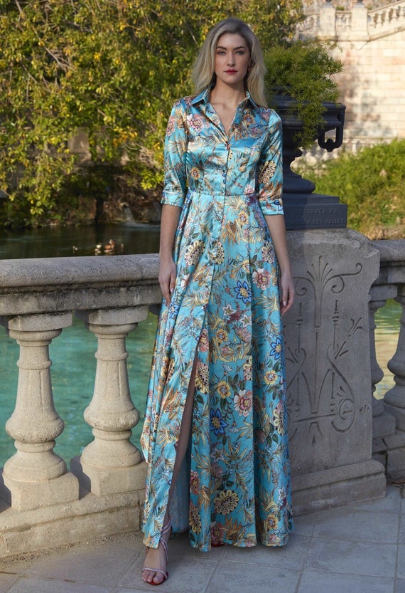 Floral Satin Shirtdress: Button Front, 3/4 Sleeves Floral Satin Shirtdress: Button Front, 3/4 Sleeves