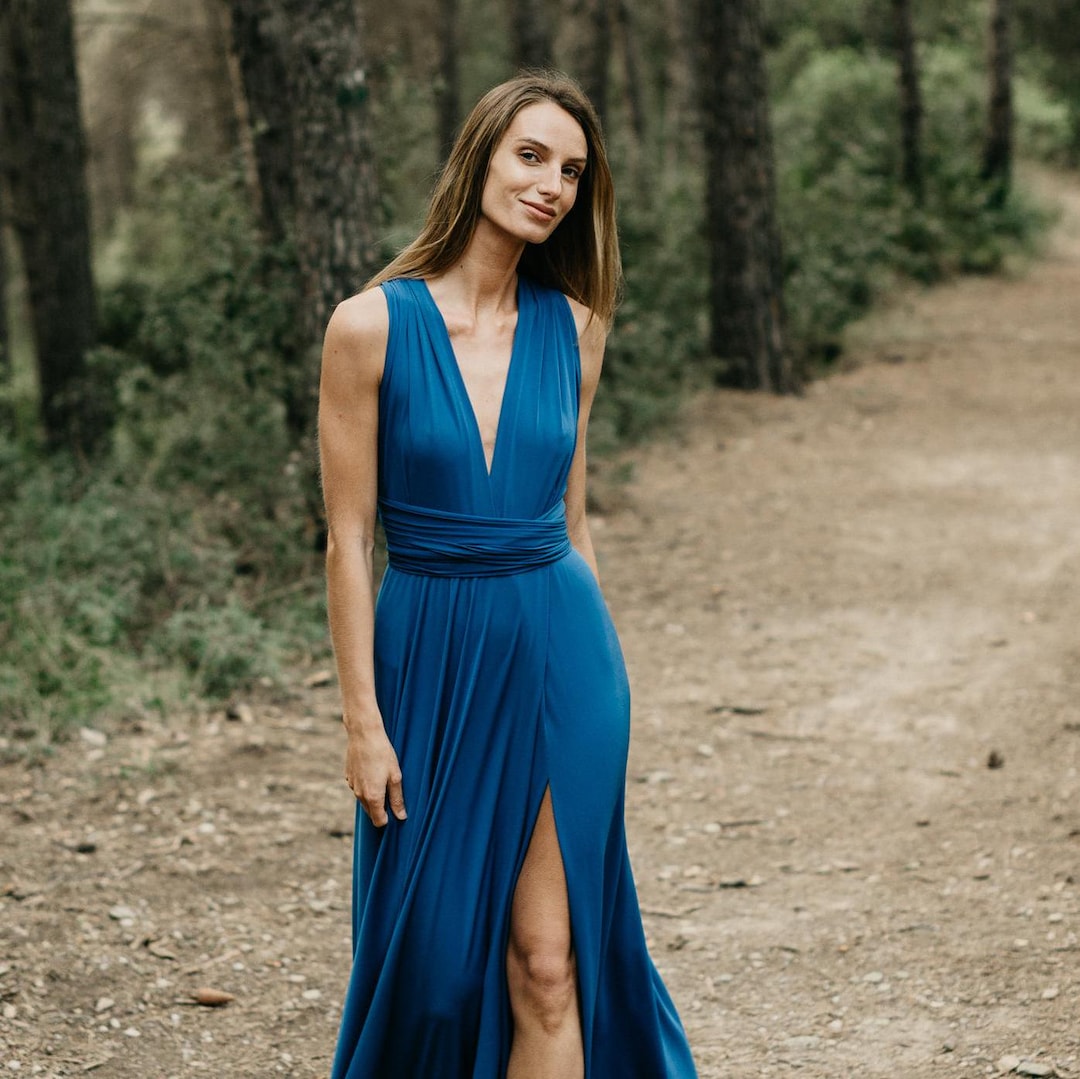 Vestido azul cobalto multiposición: vestido maxi convertible para dama de  honor España