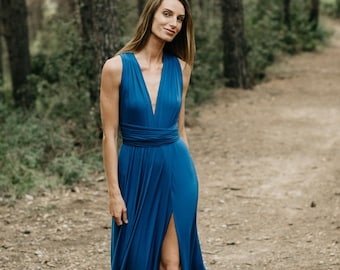 FYMNSI Abito Lungo Trasformabile Infinity Donna, Orlo Asimmetrico, Scollo A V, Vita Alta, Senza Maniche, Multiway, Per Matrimonio, Damigella, Cerimonia, Maxi Abito Elegante