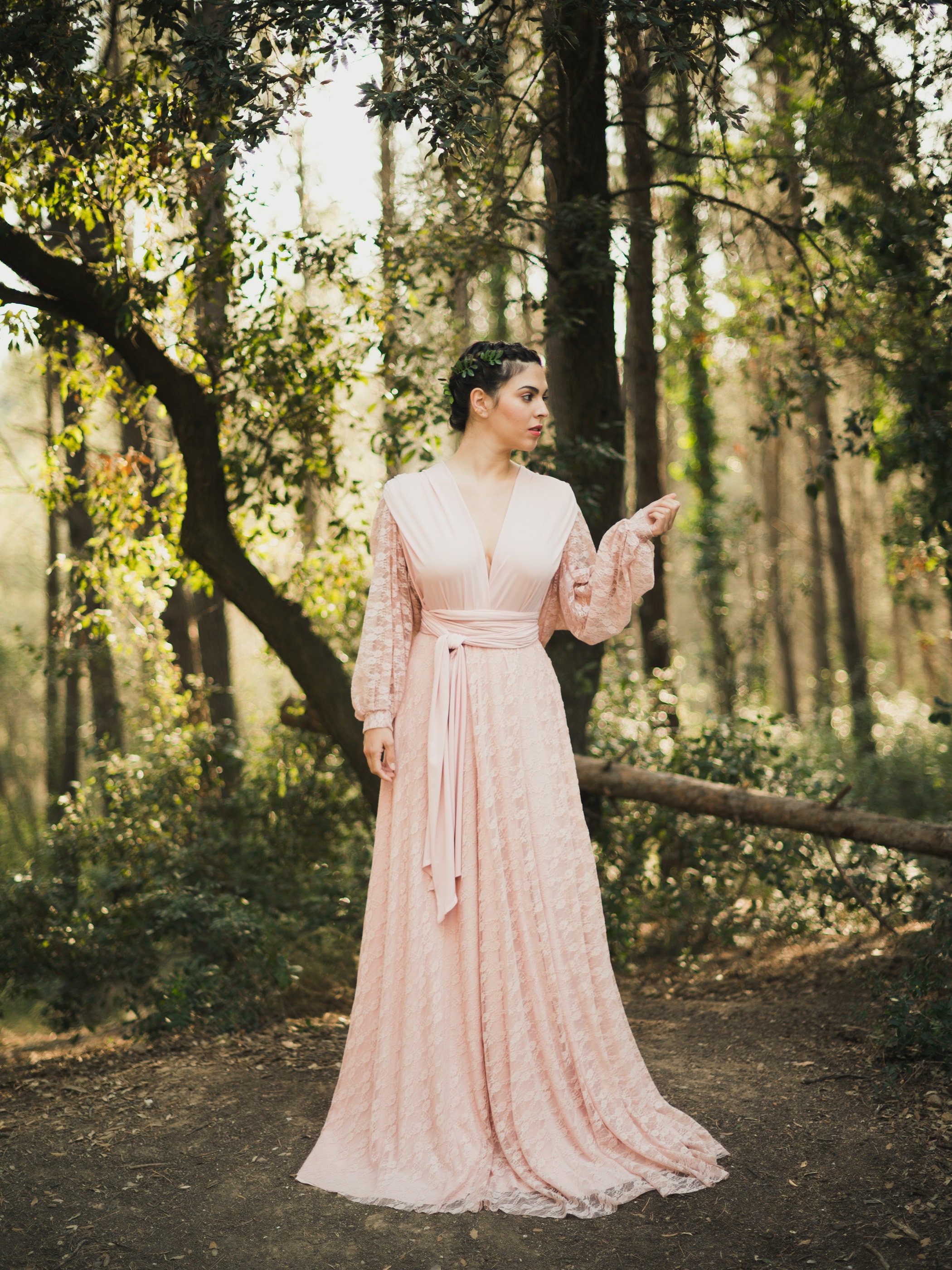 fitted lace wedding dress Blush Pink Ball Gown with Sleeves Pink Formal Dress Long