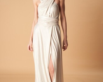 gold multiway dress Shiny Gold Convertible Dress: Multiway Wrap Bridesmaid Gown
