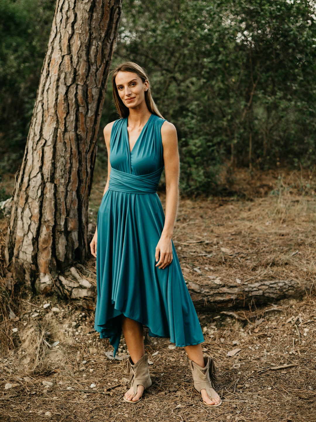Teal Infinity Dress: Asymmetrical Midi Multiway Wrap Dress