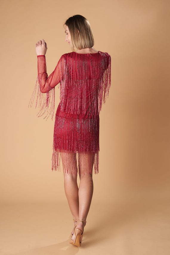 knee length dresses for ladies Fringed Long-Sleeve Short Sequin Hoco Dress