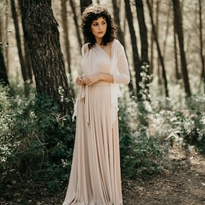 Champagne Infinity Dress with Ivory Polka Dot Tulle Bolero